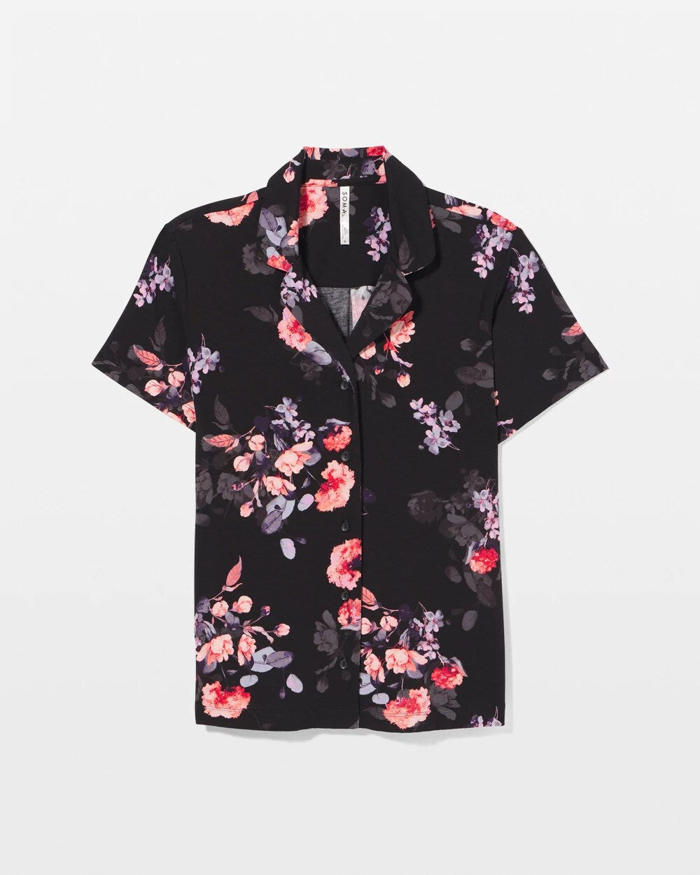 FLORAL DREAMS BLACK Short Sleeve Notch Collar Pajama Top