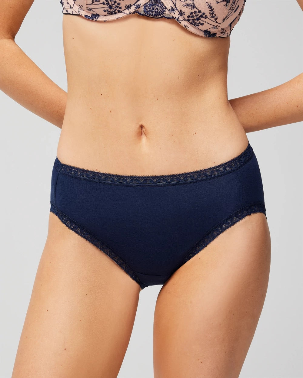 NIGHTFALL NAVY Cotton High-Leg Brief Panty with Lace Trim