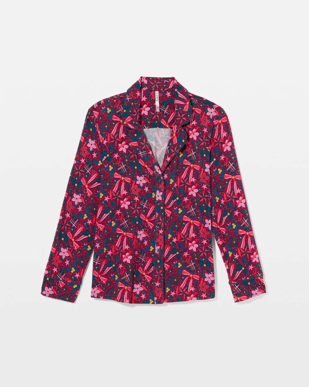 HOLLY JOLLY RED VELVET Cool Nights Long Sleeve Notch Collar with Piped Placket Pajama Top