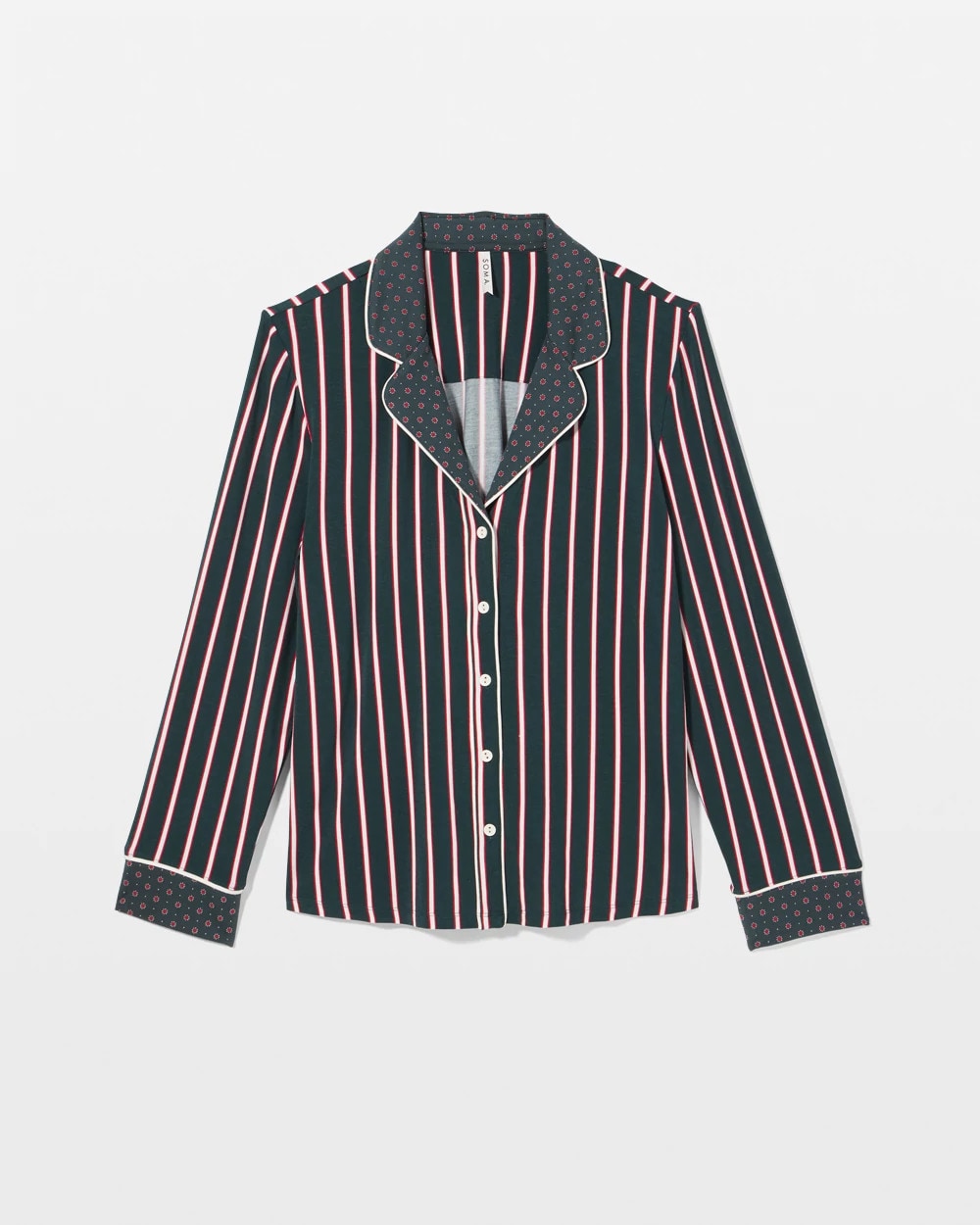 MIDNIGHT STRIPE GREEN JOL Cool Nights Long Sleeve Notch Collar with Piped Placket Pajama Top