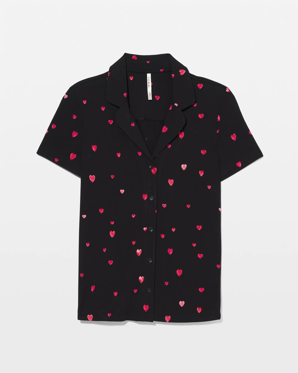 FLOATING HEARTS BLACK RED Short Sleeve Notch Collar Pajama Top