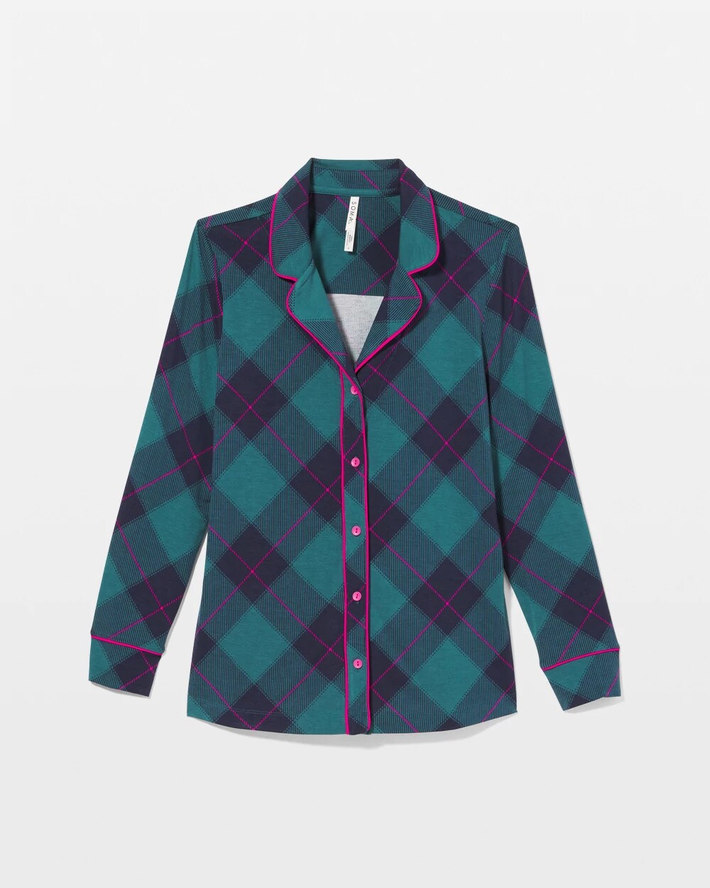 BUNDLE UP PLAID BIAS TEAL Long-Sleeve Printed Notch Collar Pajama Top