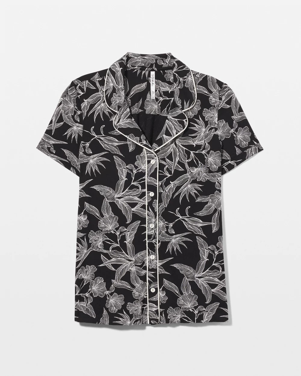 PLUMERIA BLOOMS BLK CH Piped Short Sleeve Notch Collar Pajama Top