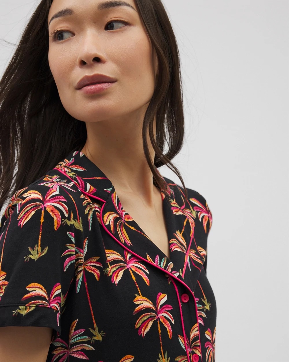 SHAKE YOUR PALM PALMS BLK Piped Short Sleeve Notch Collar Pajama Top