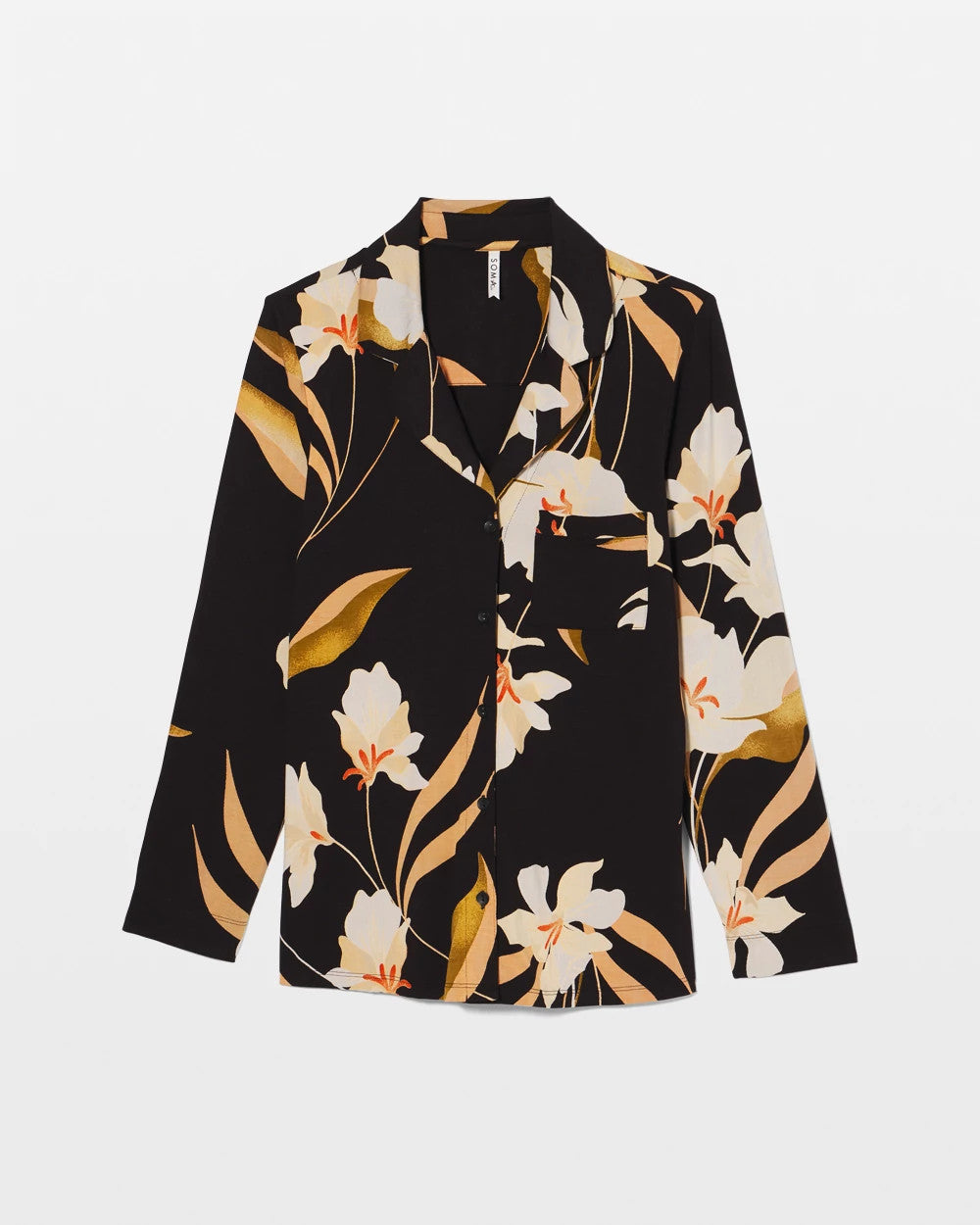 MYSTIC BLOOMS BLACK MID Long-Sleeve Notch Collar Pajama Top