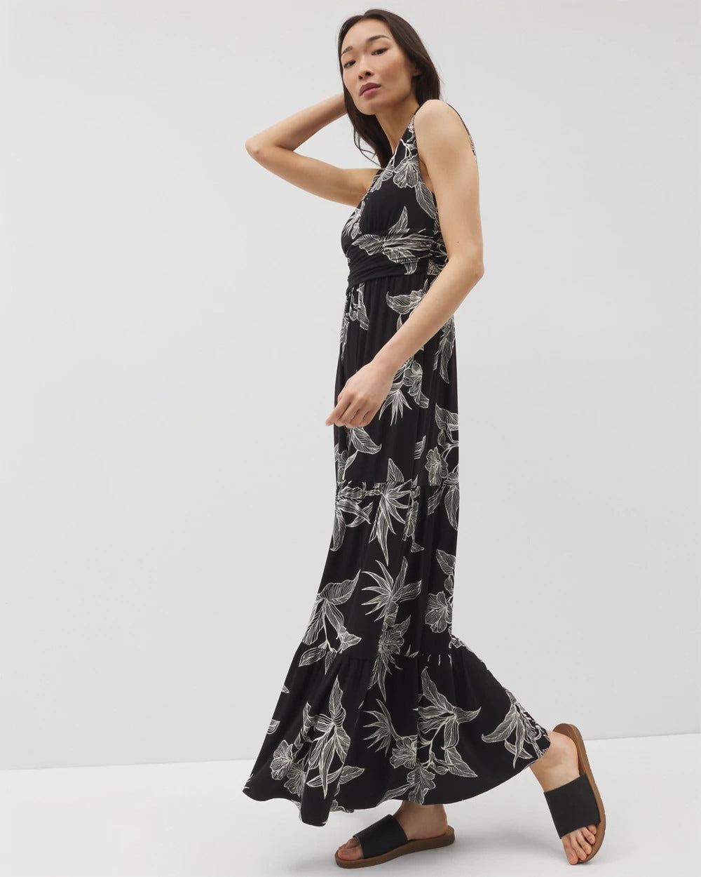 PLUMERIA BLOOMS GRAND BLK Goddess Tiered Maxi Dress