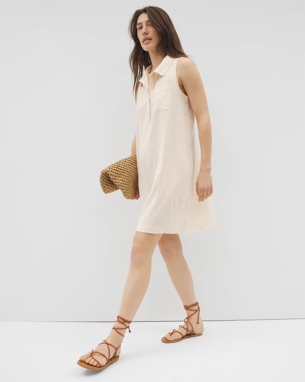 PALE SAND STRIPE Beach Cotton Short Dress