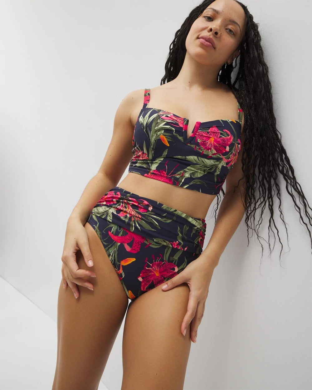 LE TIGRE TROPICAL NAVY Soma Swim Ruched High-Waist Bikini Bottom