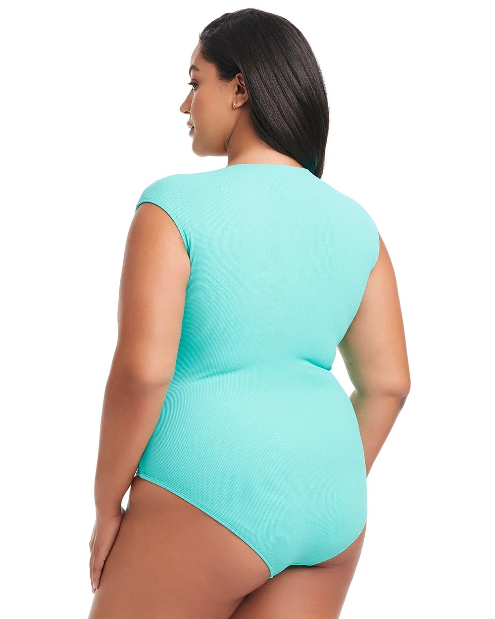 TAHITI TEAL Pique Ole Cap Sleeve Surplice One Piece