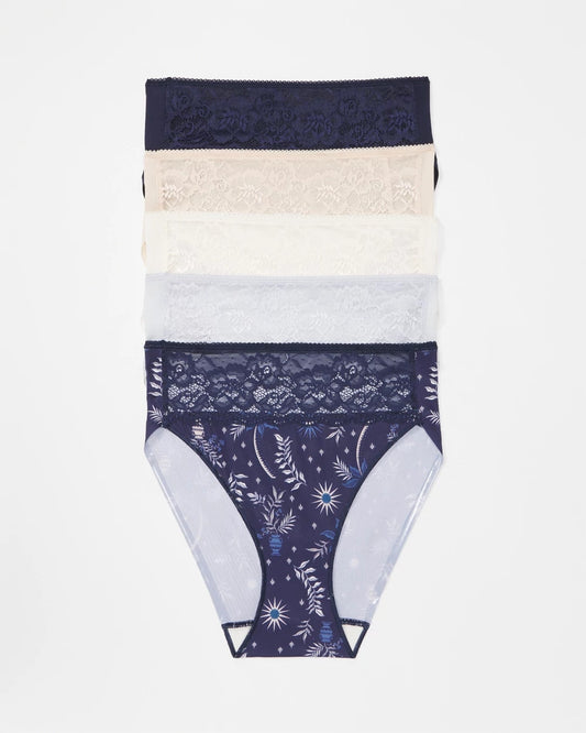 BOTANICAL TILE MULTI PACK Edge High-Leg Brief Panty with Lace 5 Pack