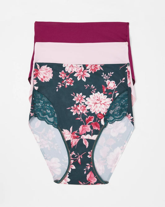 COTTAGE FLORAL MULTI PACK Tummy High-Waist Brief Panty with Lace 3 Pack