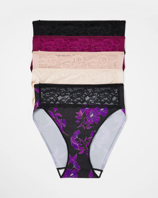 POMEGRANATE WINE MULTI PK Edge High-Leg Brief Panty with Lace 5 Pack