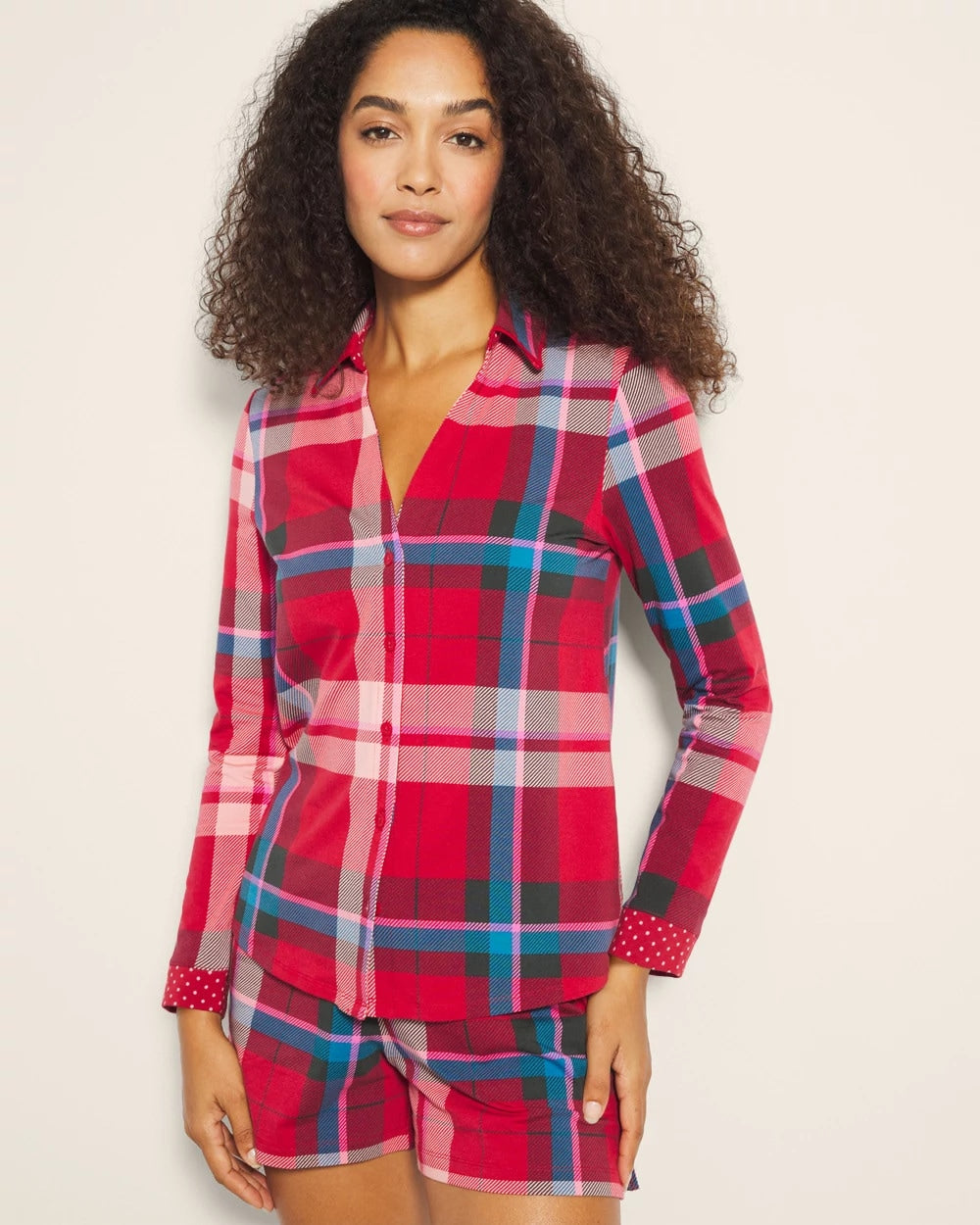 SNUGGLE UP PLAID RED Long-Sleeve Notch Collar Pajama Top