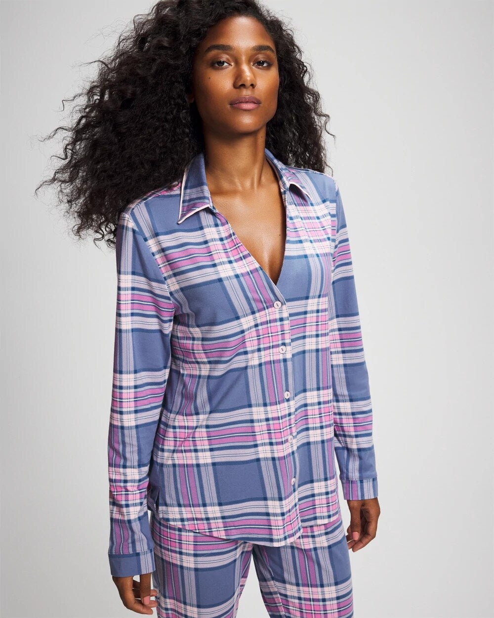 PRETTY PLAID SUNDOWN Long-Sleeve Notch Collar Pajama Top
