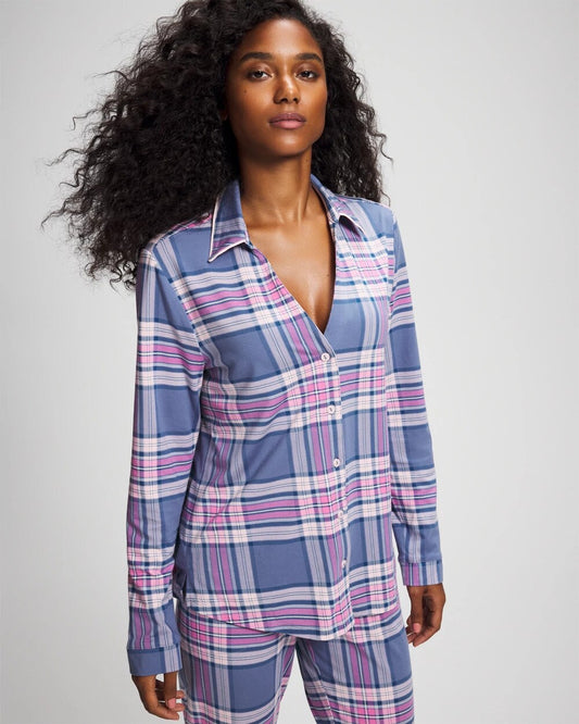 PRETTY PLAID SUNDOWN Long-Sleeve Notch Collar Pajama Top
