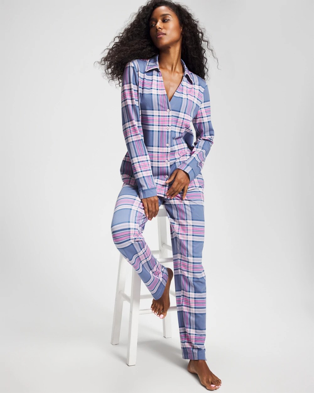 PRETTY PLAID SUNDOWN Long-Sleeve Notch Collar Pajama Top