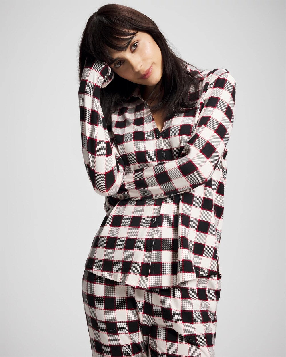 DREAMSCAPE PLAID BLACK Long-Sleeve Notch Collar Pajama Top