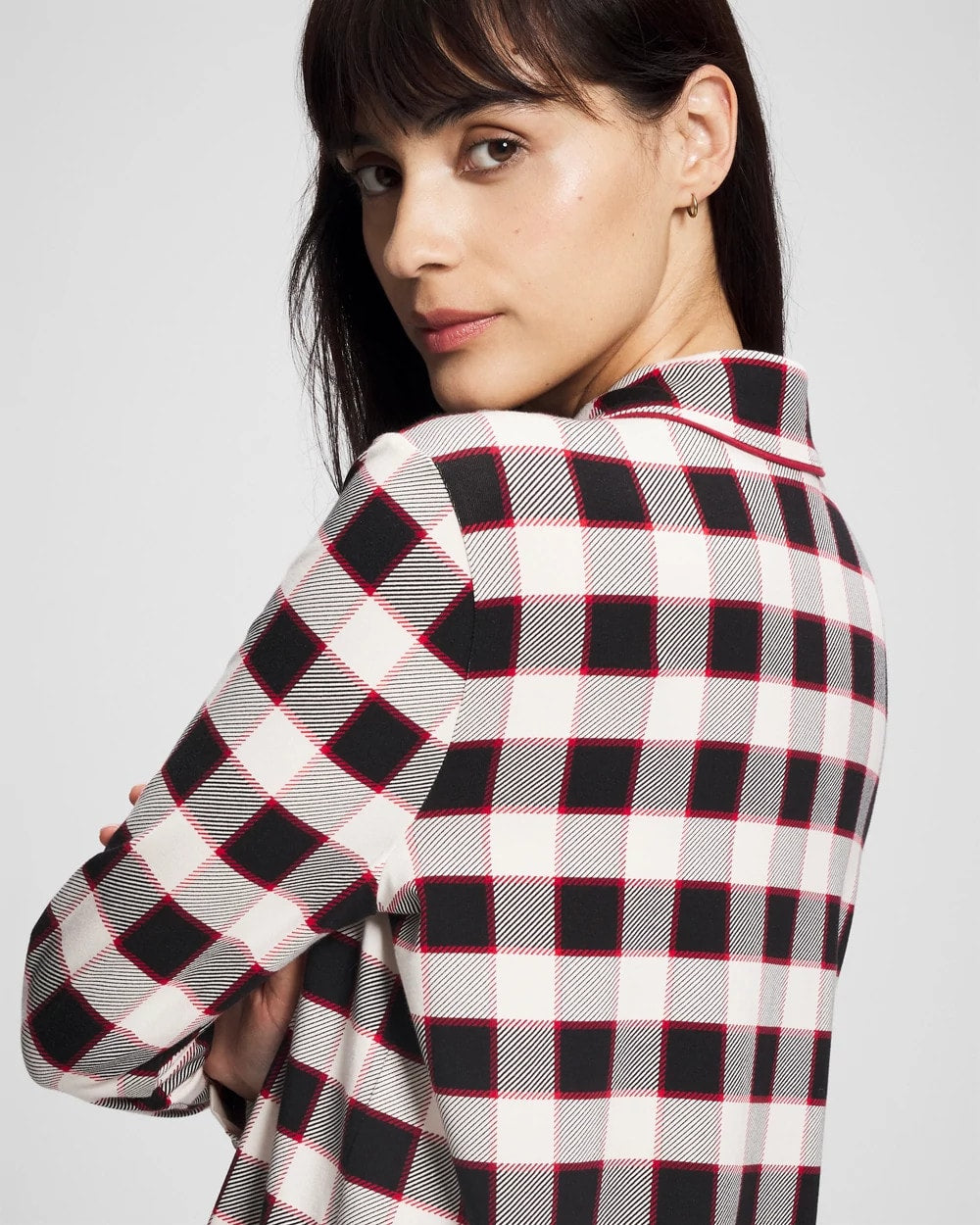 DREAMSCAPE PLAID BLACK Long-Sleeve Notch Collar Pajama Top
