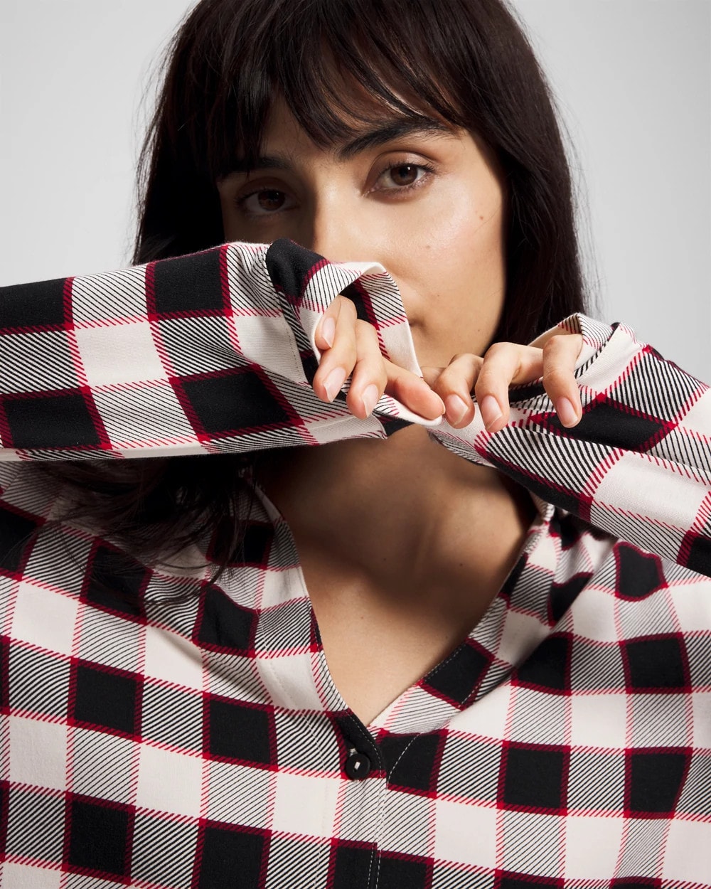 DREAMSCAPE PLAID BLACK Long-Sleeve Notch Collar Pajama Top