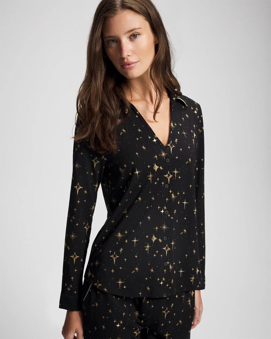 STELLAR SCENE BLACK/FOIL Long-Sleeve Notch Collar Pajama Top