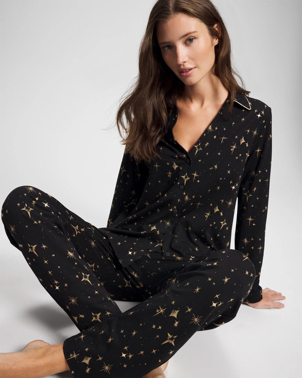 STELLAR SCENE BLACK/FOIL Long-Sleeve Notch Collar Pajama Top