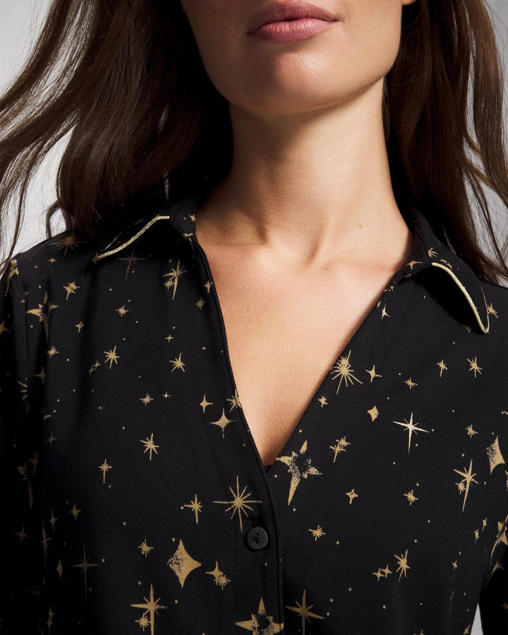STELLAR SCENE BLACK/FOIL Long-Sleeve Notch Collar Pajama Top