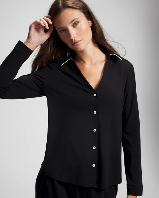 BLACK Long-Sleeve Notch Collar Pajama Top