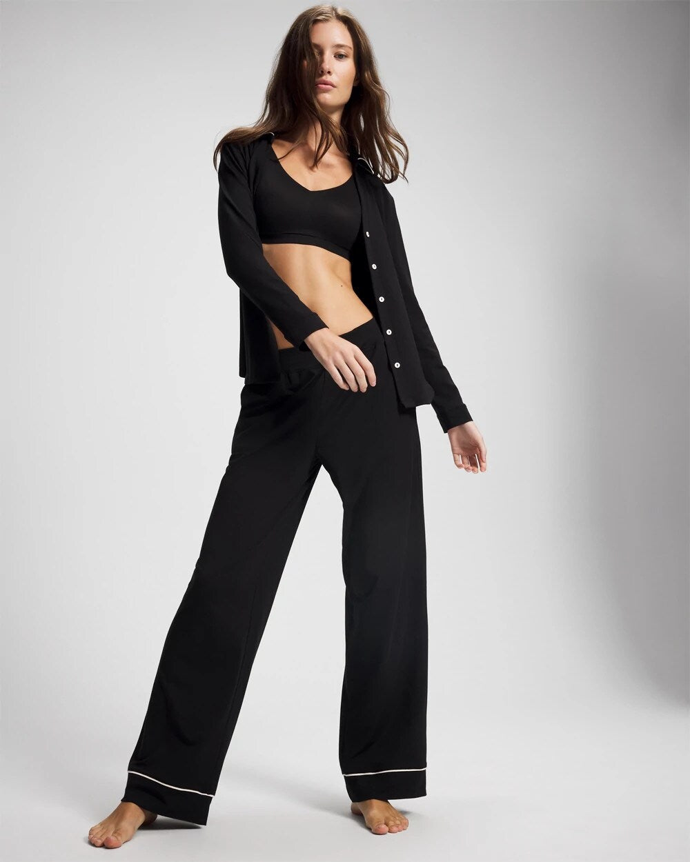 BLACK Long-Sleeve Notch Collar Pajama Top