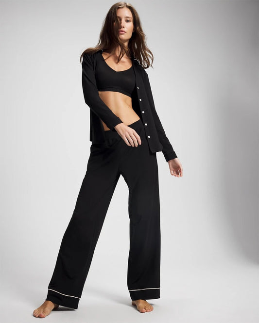 BLACK Long-Sleeve Notch Collar Pajama Top