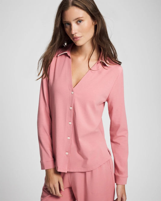 ANTIQUE PINK Long-Sleeve Notch Collar Pajama Top