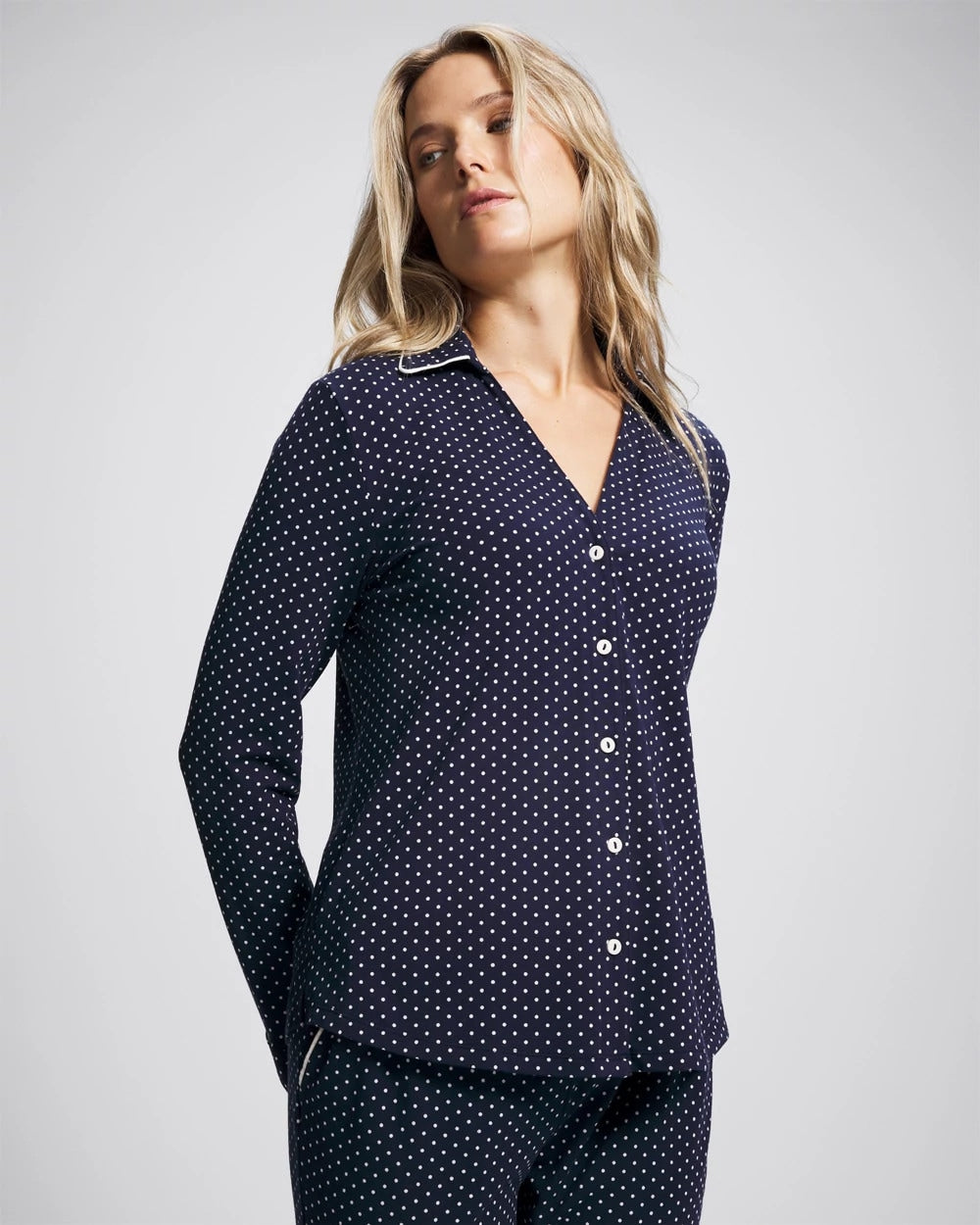 METRO DOT NAVY Long-Sleeve Notch Collar Pajama Top