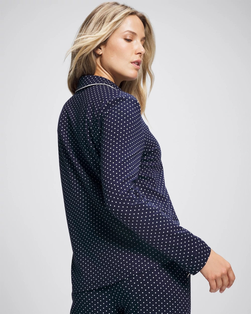 METRO DOT NAVY Long-Sleeve Notch Collar Pajama Top