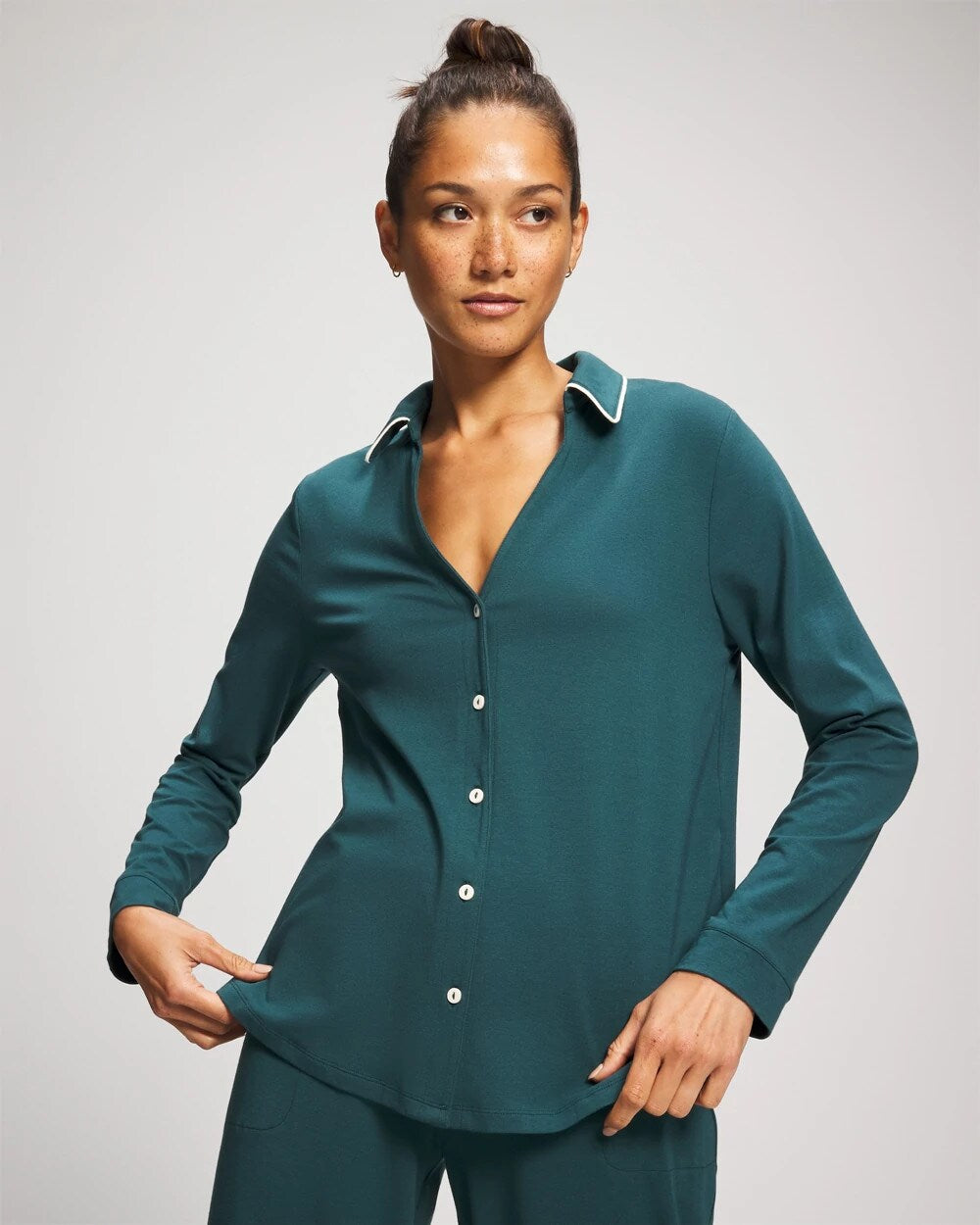 DEEP TEAL Long-Sleeve Notch Collar Pajama Top