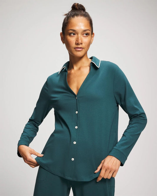 DEEP TEAL Long-Sleeve Notch Collar Pajama Top