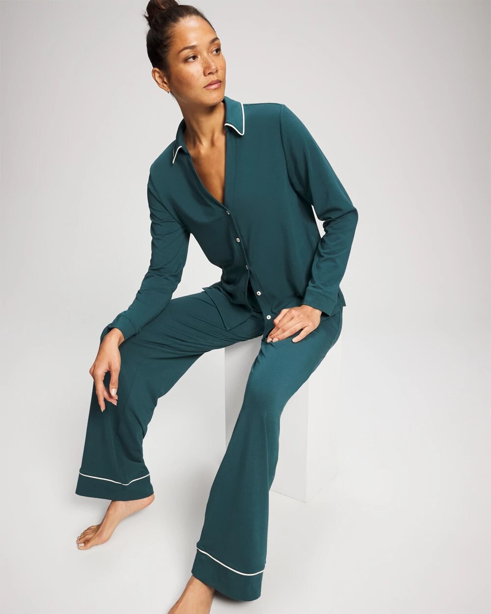 DEEP TEAL Long-Sleeve Notch Collar Pajama Top