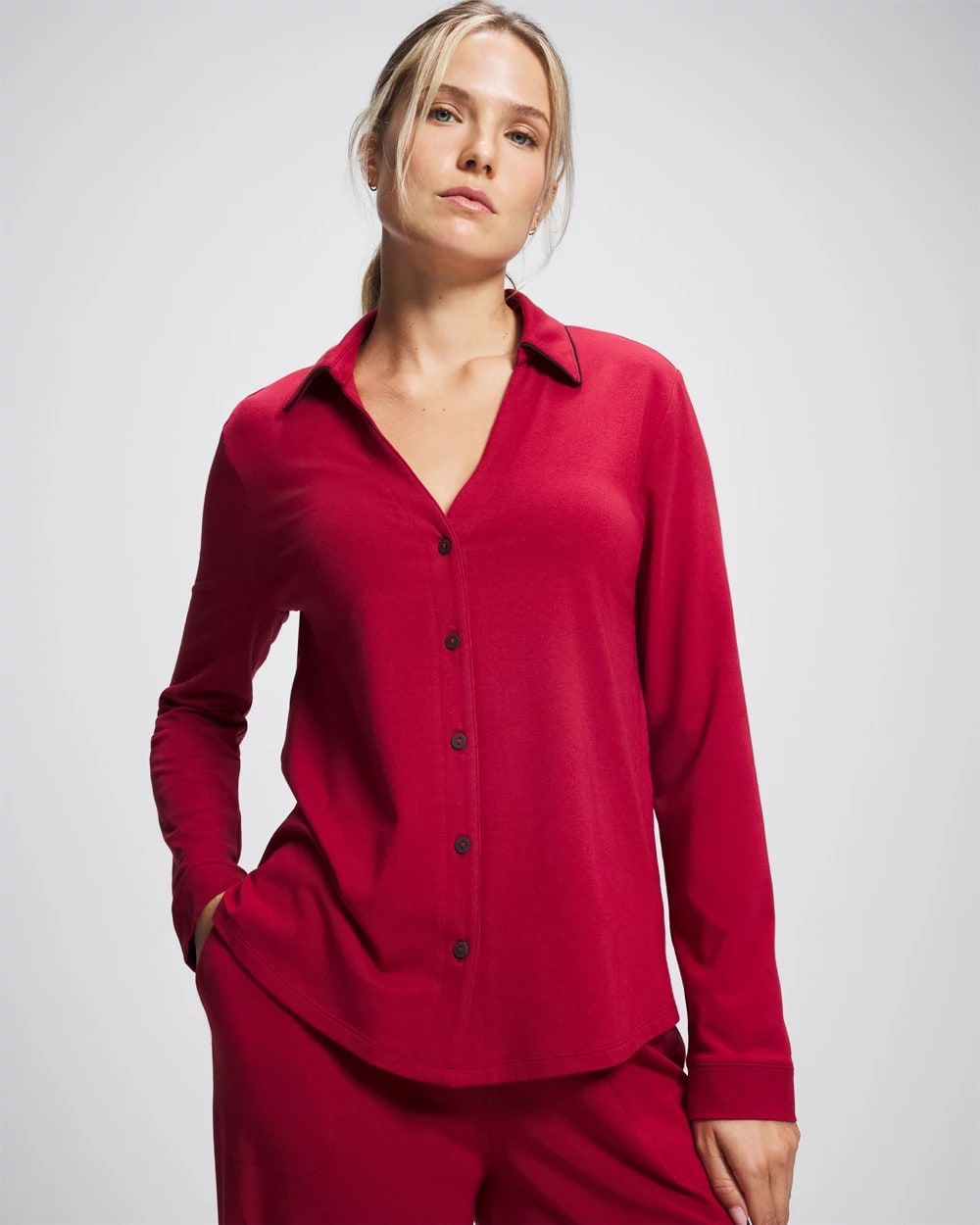 PAINT THE TOWN RED Long-Sleeve Notch Collar Pajama Top
