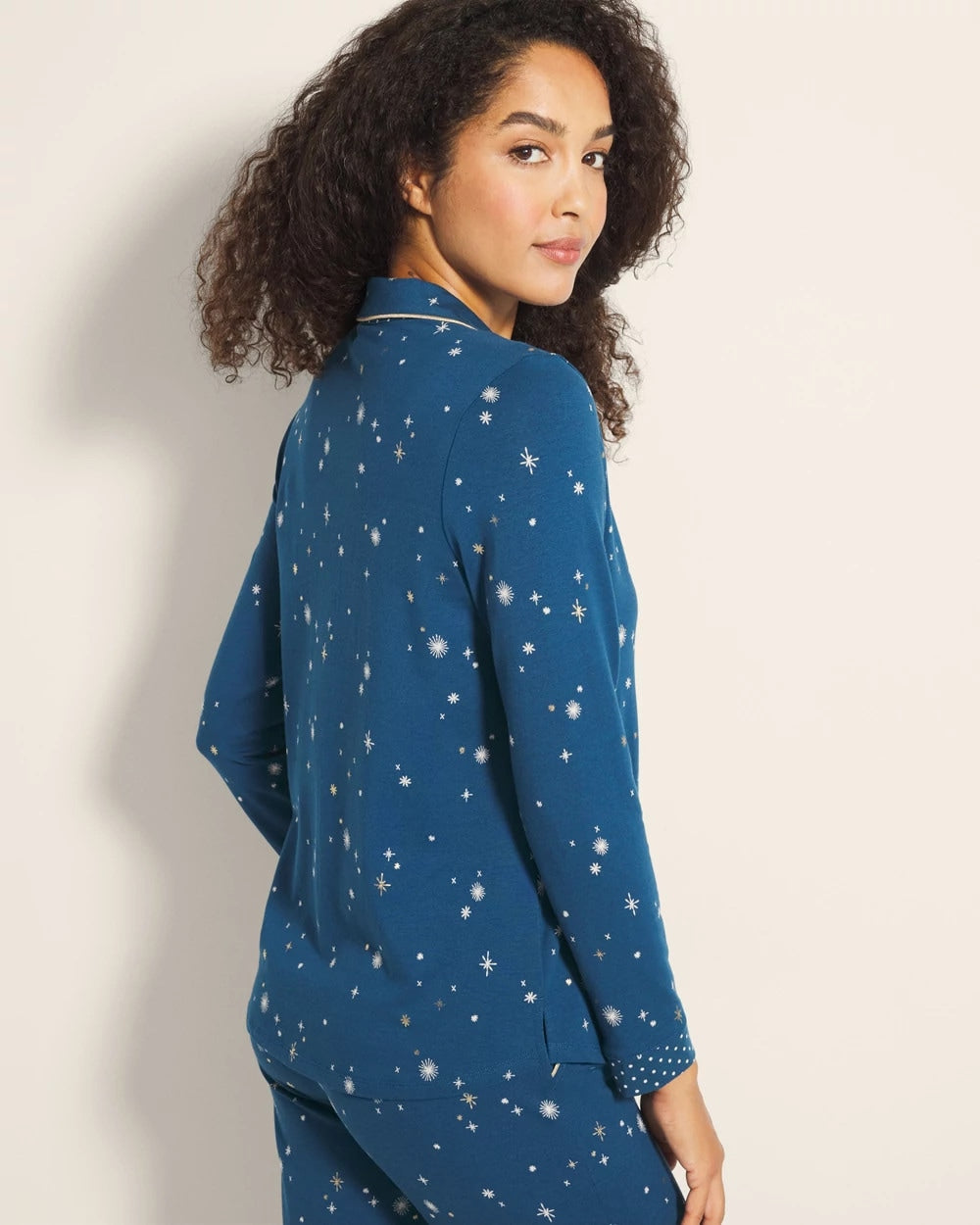 INTO THE NIGHT BLUE Long-Sleeve Notch Collar Pajama Top