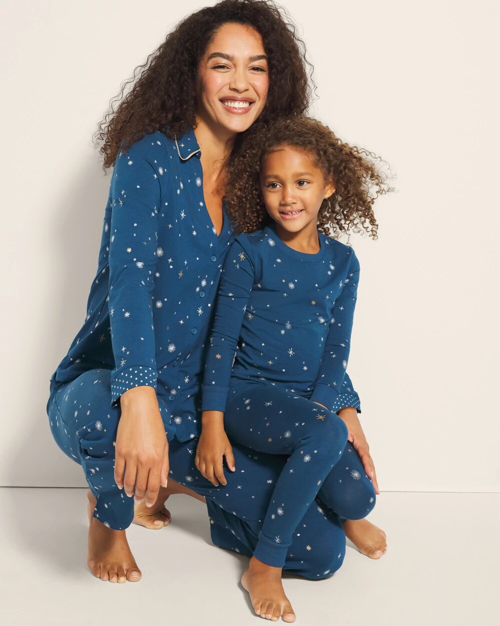 INTO THE NIGHT BLUE Long-Sleeve Notch Collar Pajama Top