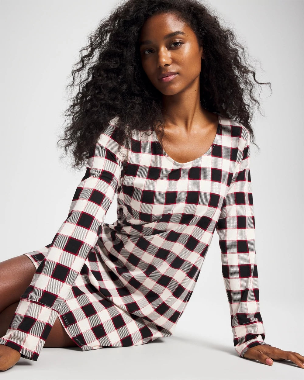 DREAMSCAPE PLAID BLACK Long-Sleeve Sleepshirt