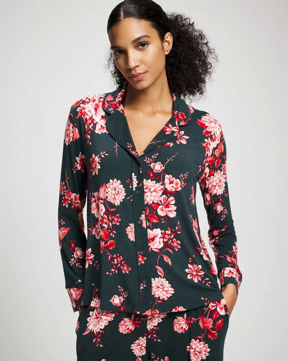 COTTAGE FLORAL GREEN Cool Nights Long Sleeve Notch Collar with Piped Placket Pajama Top