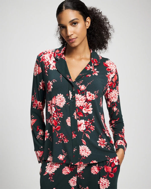 COTTAGE FLORAL GREEN Cool Nights Long Sleeve Notch Collar with Piped Placket Pajama Top