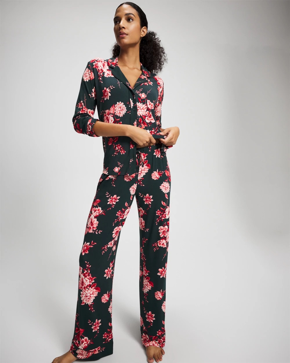 COTTAGE FLORAL GREEN Cool Nights Long Sleeve Notch Collar with Piped Placket Pajama Top