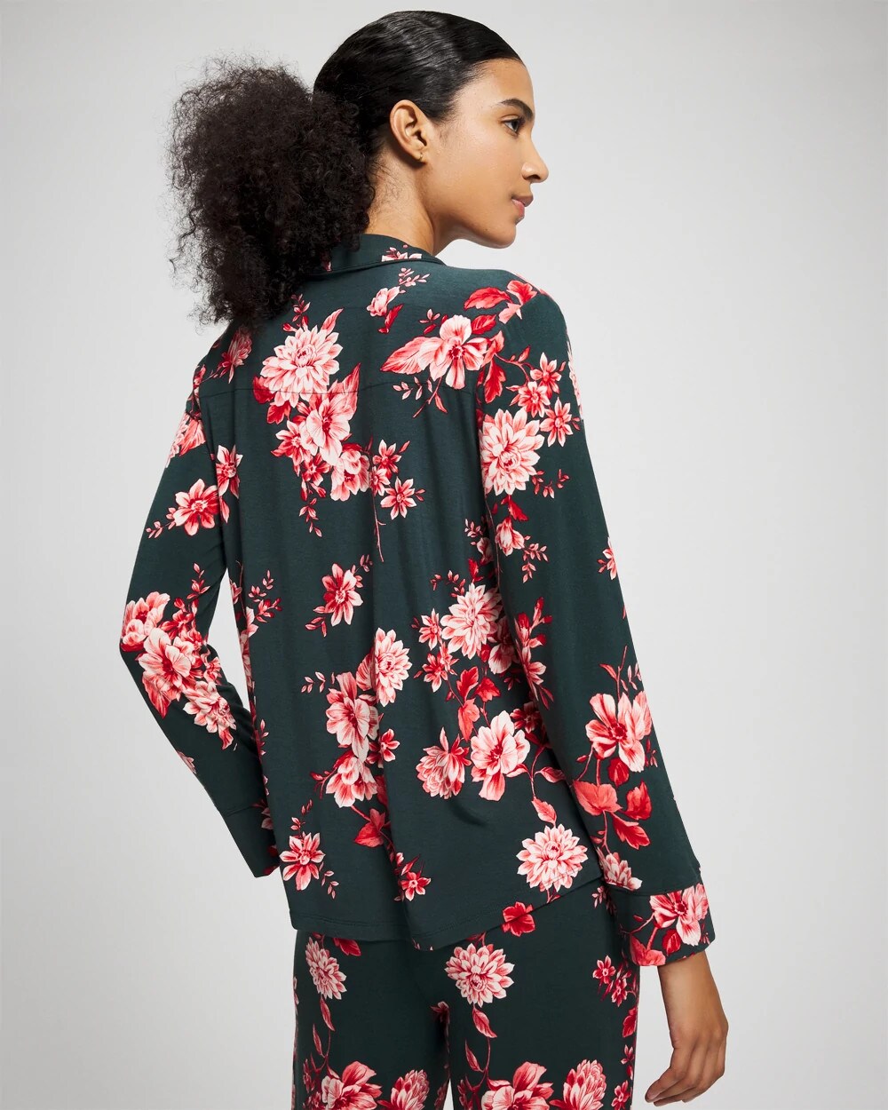COTTAGE FLORAL GREEN Cool Nights Long Sleeve Notch Collar with Piped Placket Pajama Top