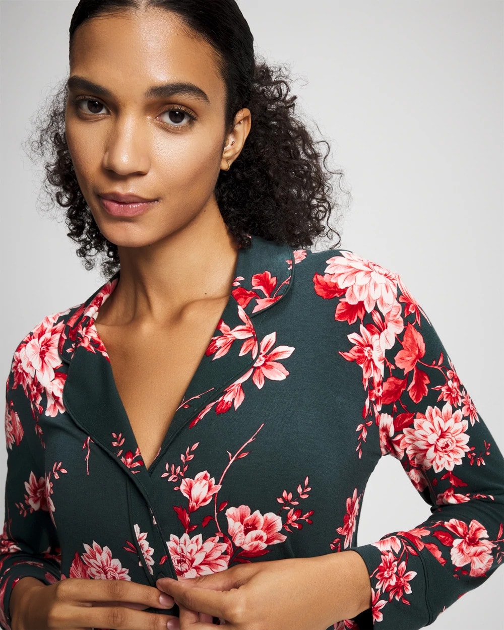 COTTAGE FLORAL GREEN Cool Nights Long Sleeve Notch Collar with Piped Placket Pajama Top