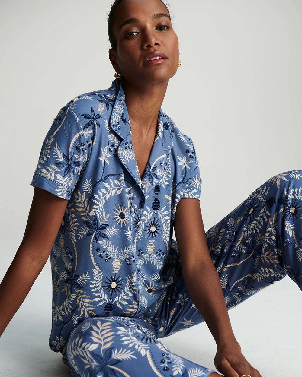 BOTANICAL TILE SUNDOWN Short Sleeve Notch Collar Pajama Top