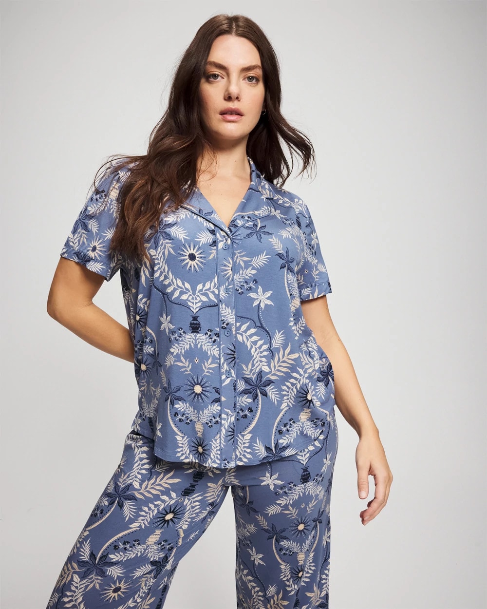 BOTANICAL TILE SUNDOWN Short Sleeve Notch Collar Pajama Top