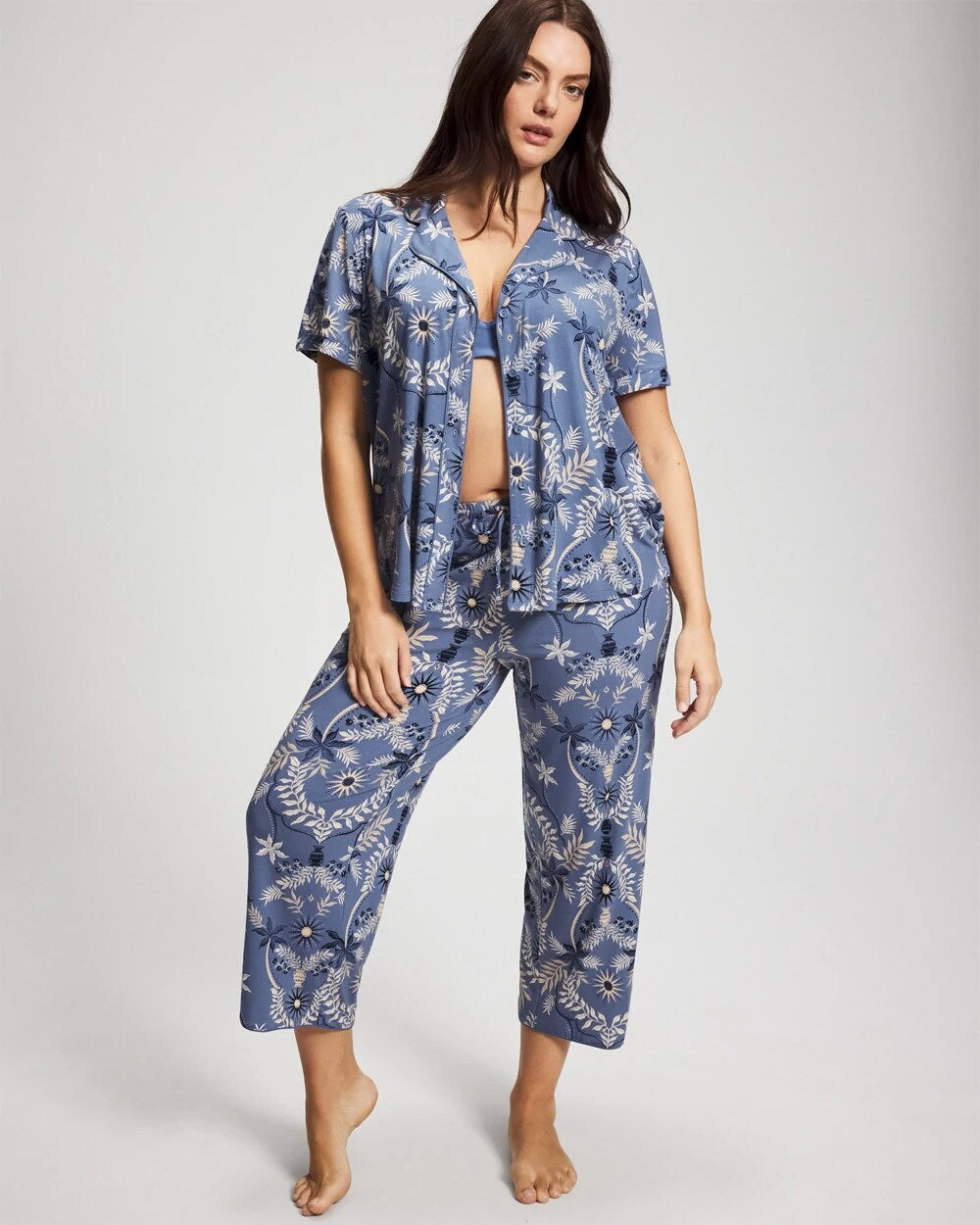 BOTANICAL TILE SUNDOWN Short Sleeve Notch Collar Pajama Top