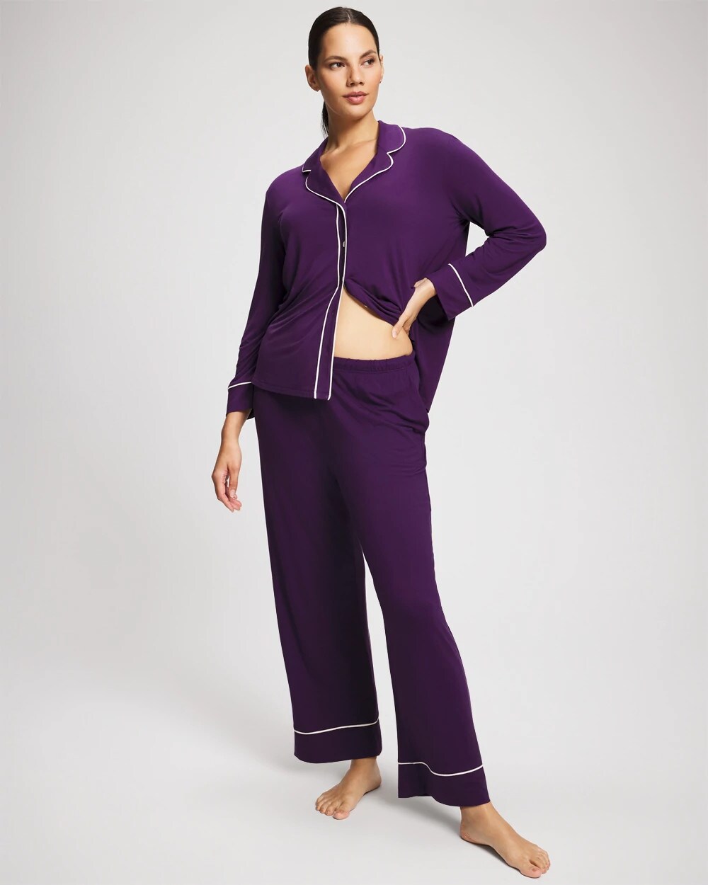 BLACKBERRY Long Sleeve Notch Collar w/ Piped Placket Pajama Top