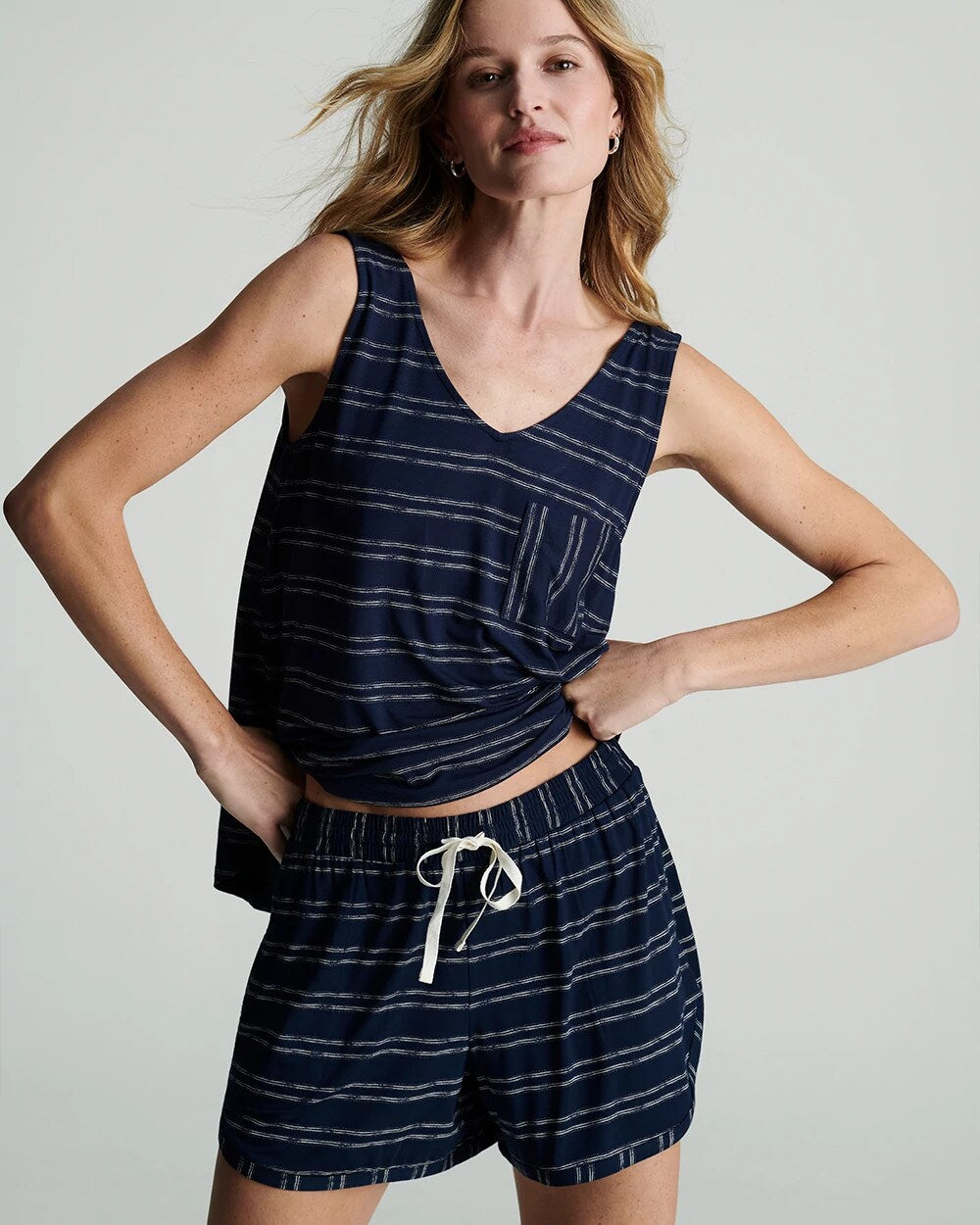 BOHO STRIPE NAVY Curved Hem Pajama Shorts