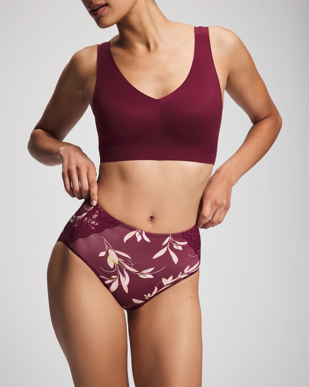 LUXURIOUS LEAVES M PLUM Tummy Modern Brief Panty with Lace